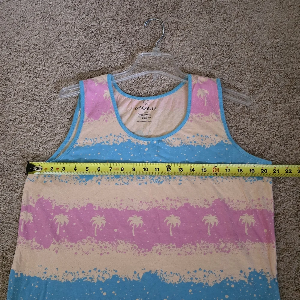 Coachella Pink/Blue/Cream  Palm Tree Graphic Tie Dye Tank Size Large